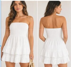 SHEIN VCAY White Strapless Shirred Tiered Mini Dress Size Small NWT